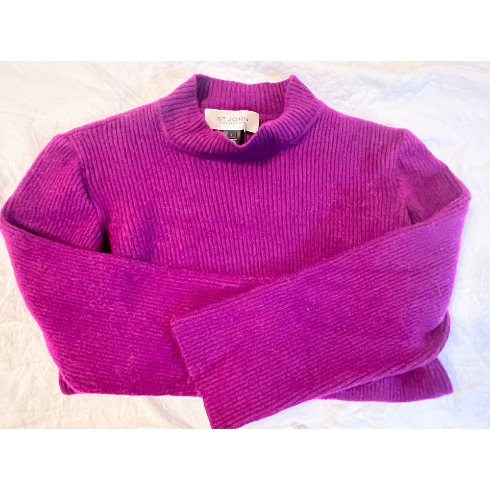 St John Collection Wool Blend Cropped Purple Turtleneck Ribbed Sweater Size L